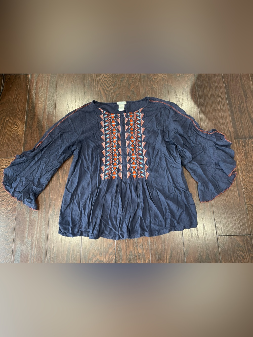Sundance Top Blouse Shirt Womens Medium Navy Embroidered Southwestern